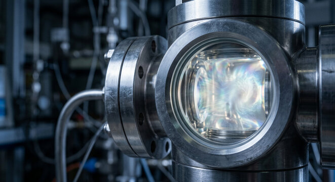 Supercritical fluid phase transition merging liquid and gas inside steel high pressure sight glass cell, thermodynamics physics laboratory optics concept photography