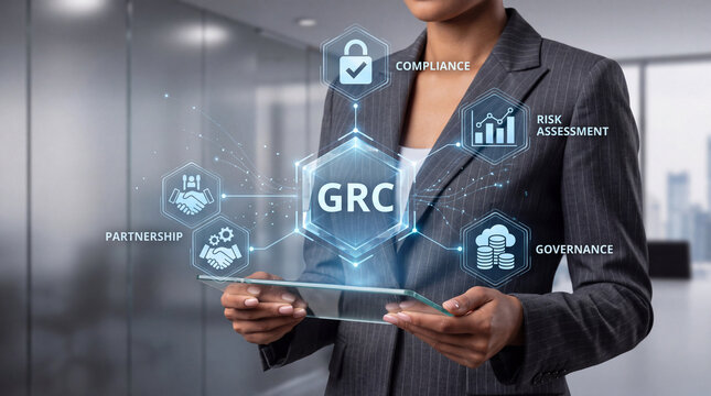 Professional Businesswoman Holding Transparent Tablet with GRC Governance Risk and Compliance Digital Interface Icons for Corporate Management Strategy and Regulatory Assessment Success