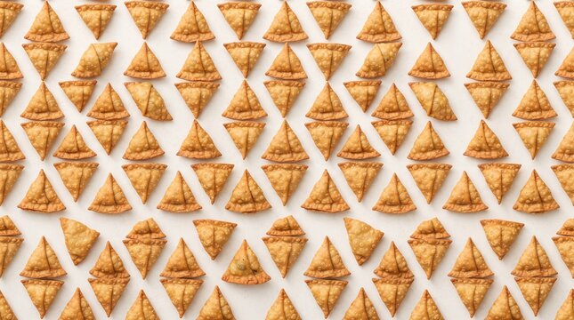Seamless geometric pattern of golden samosas arranged in repeating rows, creating a unique food background for packaging, menus, advertising, and culinary design.