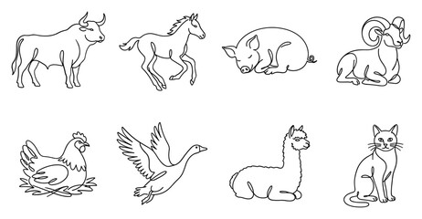 Fototapeta premium Line drawing illustrations of various farm animals and pets.