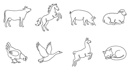 Fototapeta premium Line drawing illustrations of various farm animals and pets.