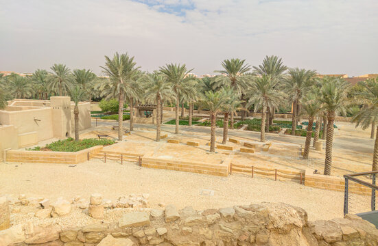 Panoramic view of Diriyah, a UNESCO World Heritage site near Riyadh, featuring restored mud-brick buildings and modern structures blending history and culture of Riyadh, Saudi Arabia
