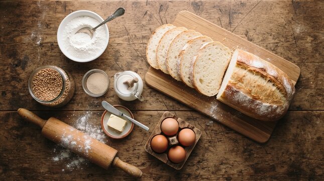 Overhead composition of sliced white bread surrounded by flour, wheat, milk, butter and baking ingredients, illustrating homemade bread preparation.