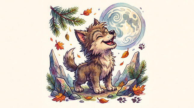 Adorable baby wolf pup howling joyfully under a glowing full moon in an autumn mountain forest