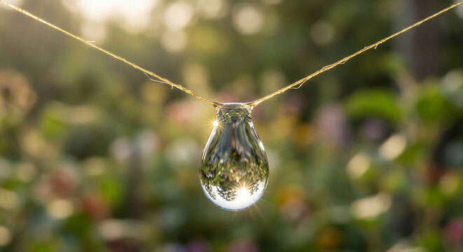 Single golden spider silk strand holding oversized clear dew drop under tension with intense weight, extreme macro photography showing garden refraction morning light