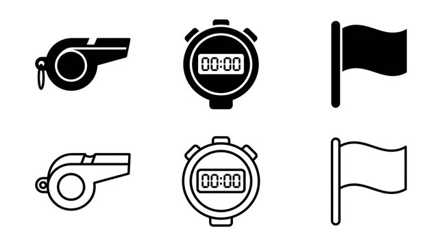 Black and white whistle, stopwatch, flag icons set