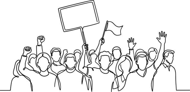 Line drawing of a crowd of diverse people protesting with a sign and flag.