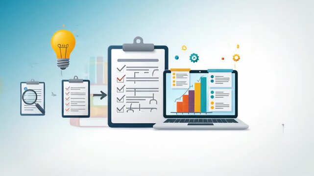 open book with stack of colorful books magnifying glass and laptop with code on the screen set against background of floating technical gears symbolizing education and technology