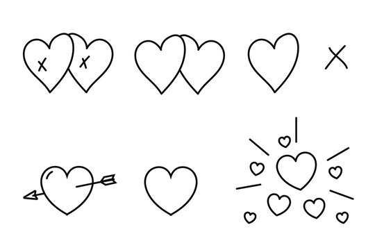 Set of line drawings in the shape of multiple hearts, transparent. Black and white heart effect for designing posters, flyers, business cards, placards on transparent backgrounds.