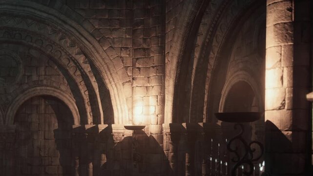 Light from candles creates shadows on the stone walls of a historic hall. The architecture shows old arches and intricate designs, suggesting a place of significance.