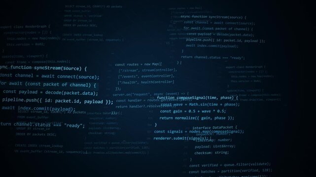 Abstract Digital Computer Code Scrolling on Dark Background.