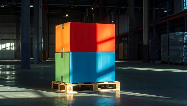 Colorful stacked boxes on a wooden pallet in a warehouse setting with sunlight casting shadows