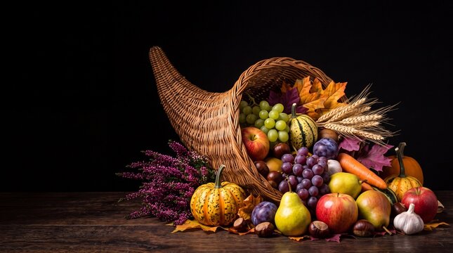 Abundant cornucopia filled with autumn harvest fruits and vegetables on a rustic wooden table against dark background. Thanksgiving horn of plenty