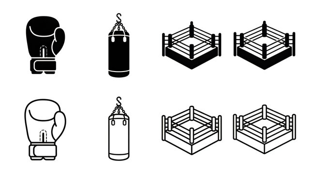 Boxing equipment and ring icons set