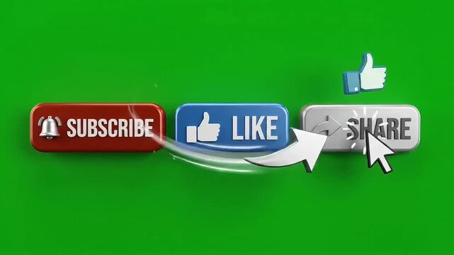 Subscribe button animation with mouse cursor clicking and like share icons on green screen background video