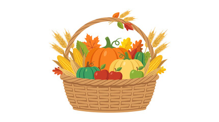 Obraz premium Thanksgiving autumn harvest basket filled with pumpkins and wheat