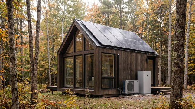 Cabin off grid sustainable forestry modern architecture solar panels autumn quiet forest