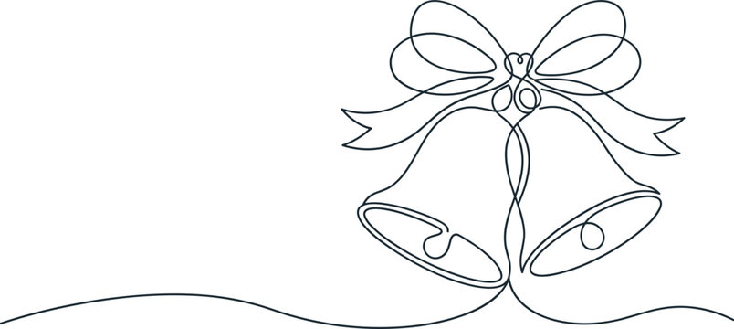 Single line drawing of Christmas bells with a festive bow and ribbon.