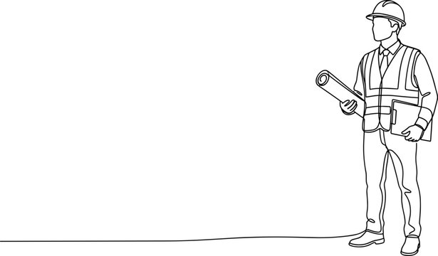 A continuous line art drawing of a construction engineer holding blueprints and wearing a safety vest.