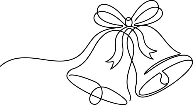 Continuous line art of two hanging Christmas bells tied together with a decorative holiday bow.