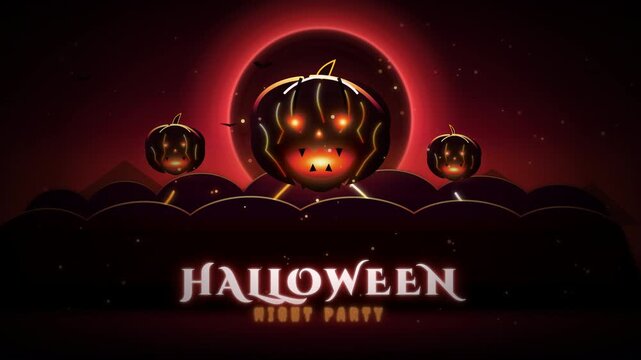 Epic 4K 60fps Halloween motion graphics featuring menacing Jack-o'-lanterns forged from volcanic obsidian with glowing lava fissures, set against a gigantic blood moon eclipse, churning ash clouds, he