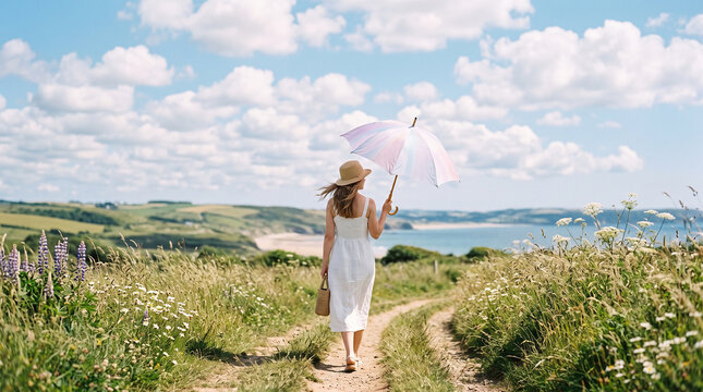 Graceful young woman walking with a white parasol along a sunny rural countryside path representing peaceful summer escapes perfect for travel getaways