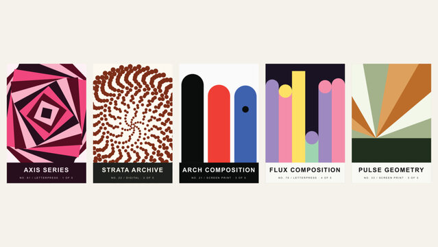 Axis series, strata archive, arch composition, flux composition, and pulse geometry posters featuring colorful geometric shapes and patterns