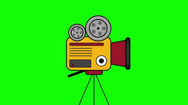 A flat style 2D animation of a classic vintage film movie camera mounted on a tripod against a green screen background