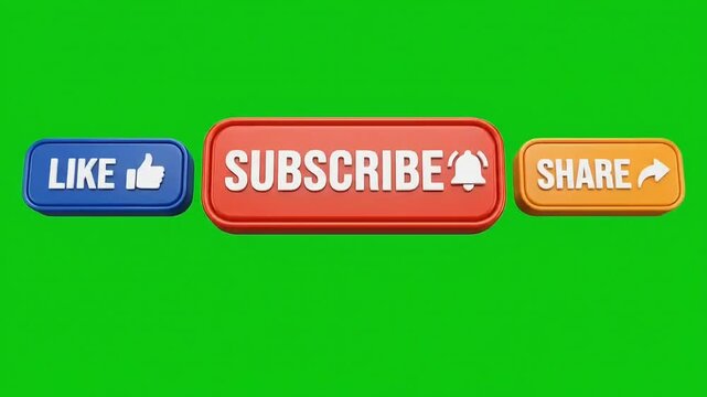 Subscribe, like, and share button animation footage with green screen background for video creators