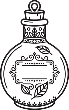 Black and white line of a round apothecary bottle with a cork stopper and a decorative label frame on a white background