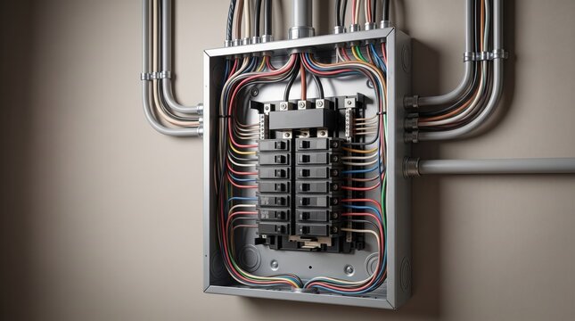 Electrical panel modern breaker box system with organized wiring conduits in residential utility room