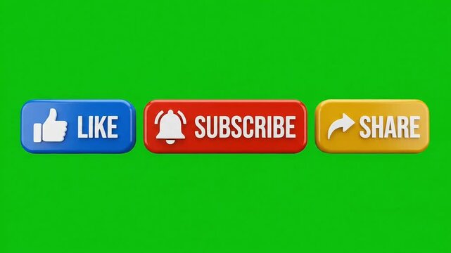 Like subscribe and share buttons animation footage with green screen background and social media elements motion clip