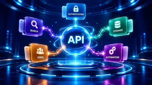 API integration network connecting central globe with colorful icons for authentication storage and automation