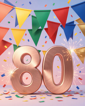 Rosy 80th birthday decoration with colorful triangular flags and confetti.