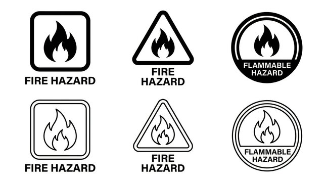 Fire hazard warning icons set with flames