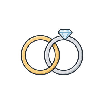 Wedding rings icon illustrates intertwined gold band and diamond solitaire engagement jewelry.