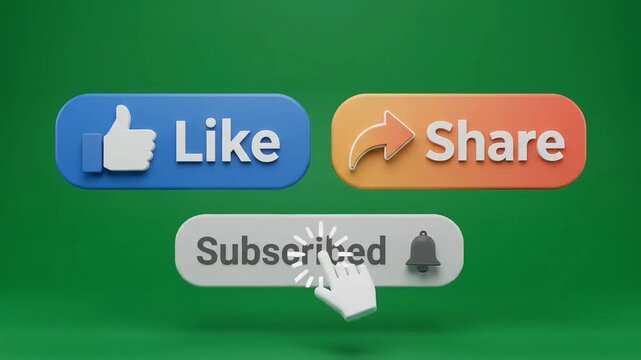 Like and share and subscribe buttons appearing on green screen background in motion graphics video clip