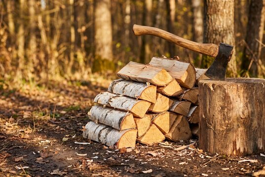 Stacked split birch firewood with small camp axe resting on log in autumn forest for bushcraft guide