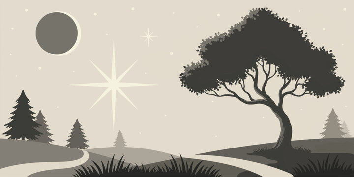 Night landscape with large crescent moon bright stars hills pathways and silhouette of majestic oak tree under starlit evening sky.