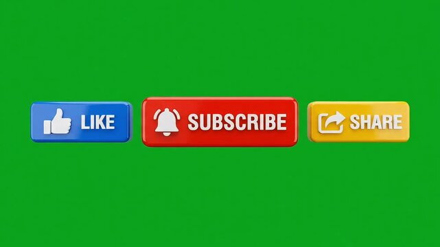 Subscribe button animation with like and share icons moving on green screen background video footage