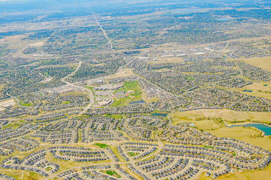 aerial view of Denver city, suburban, road, house and farm beautiful landscape