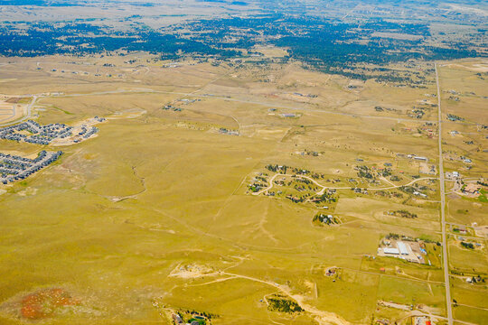 aerial view of Denver city, suburban, road, house and farm beautiful landscape