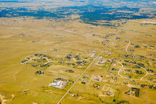 aerial view of Denver city, suburban, road, house and farm beautiful landscape