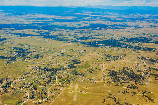 aerial view of Denver city, suburban, road, house and farm beautiful landscape