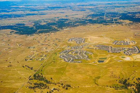 aerial view of Denver city, suburban, road, house and farm beautiful landscape