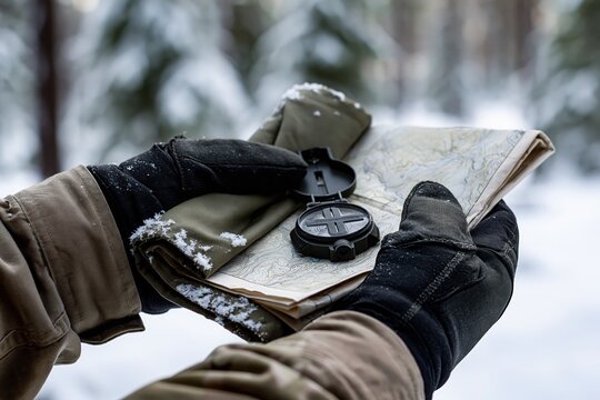 A close-up shot of a person wearing gloves, holding a map and compass in a snowy forest. The image conveys a sense of adventure and exploration.