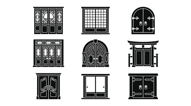 Set of ancient Chinese traditional doors and gateways in black silhouette style