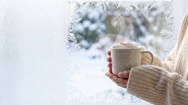 Hands in cream knit sweater holding steaming ceramic mug by frosted window for winter sale banner