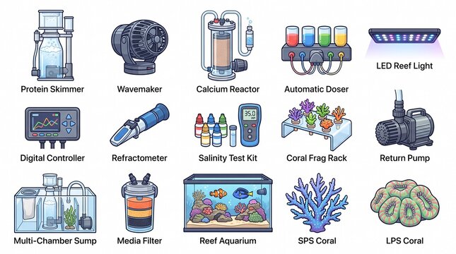 Aquarium equipment and reef tank maintenance tools illustration set