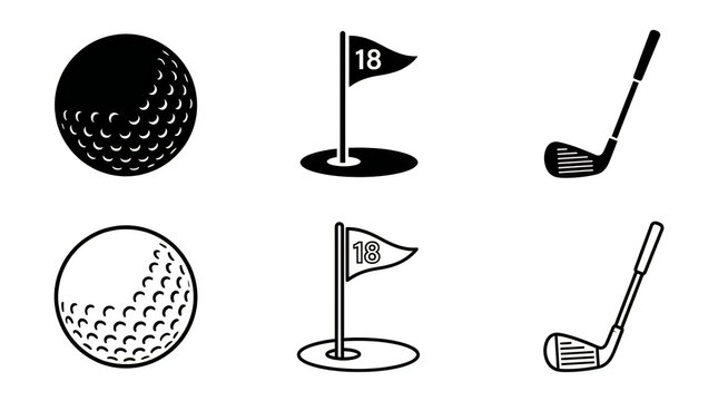 Golf ball, flag, and club vector icons set